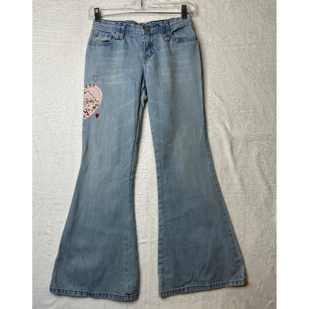 Gap Kids Flare Jeans Girls 12 Light Blue Heart Patchwork Embroidered 0824